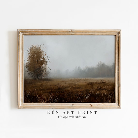 Moody Fall Decor, Vintage Misty Landscape Art Print