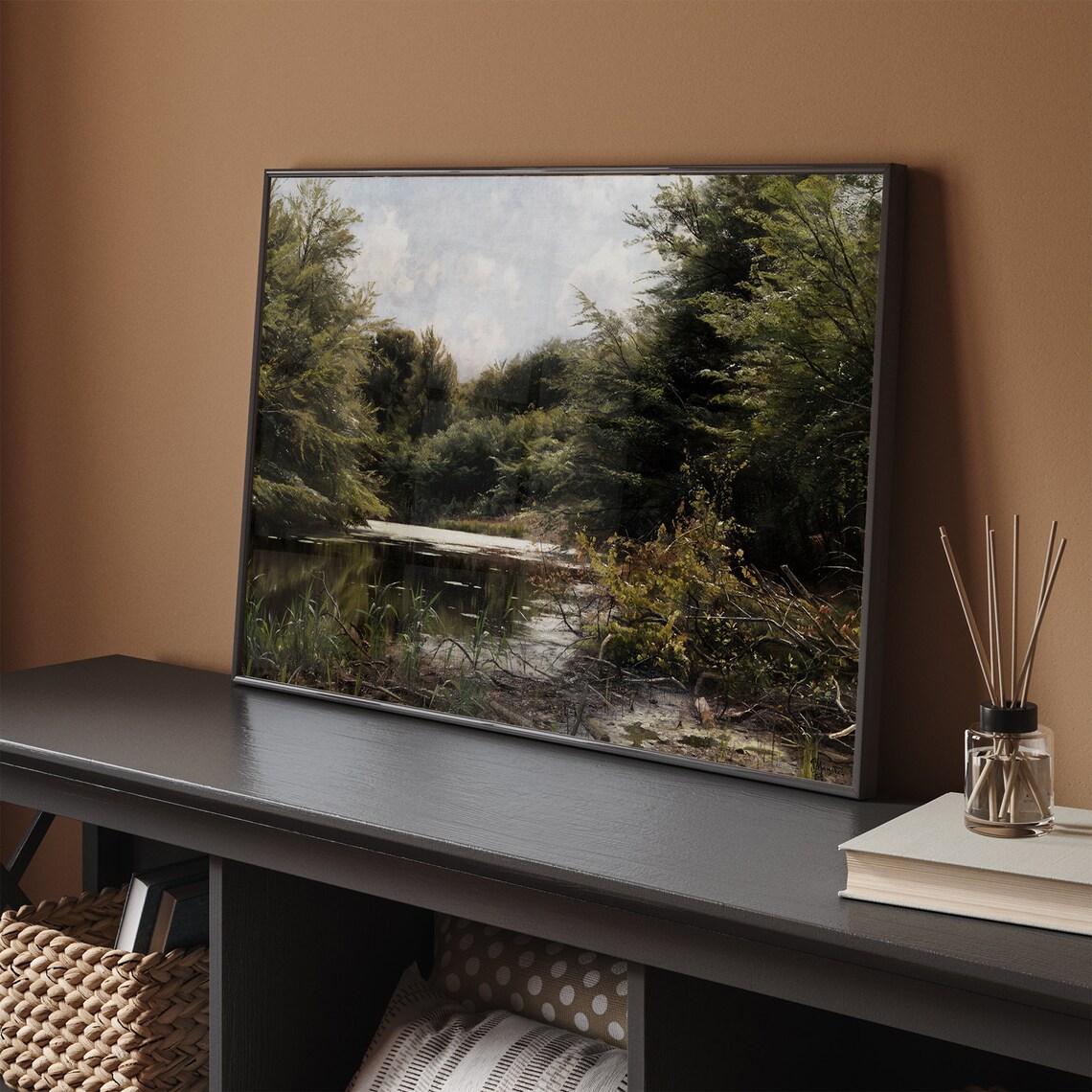Woodland Pond Reflections Vintage Forest Landscape Oil Painting Print - Image 2
