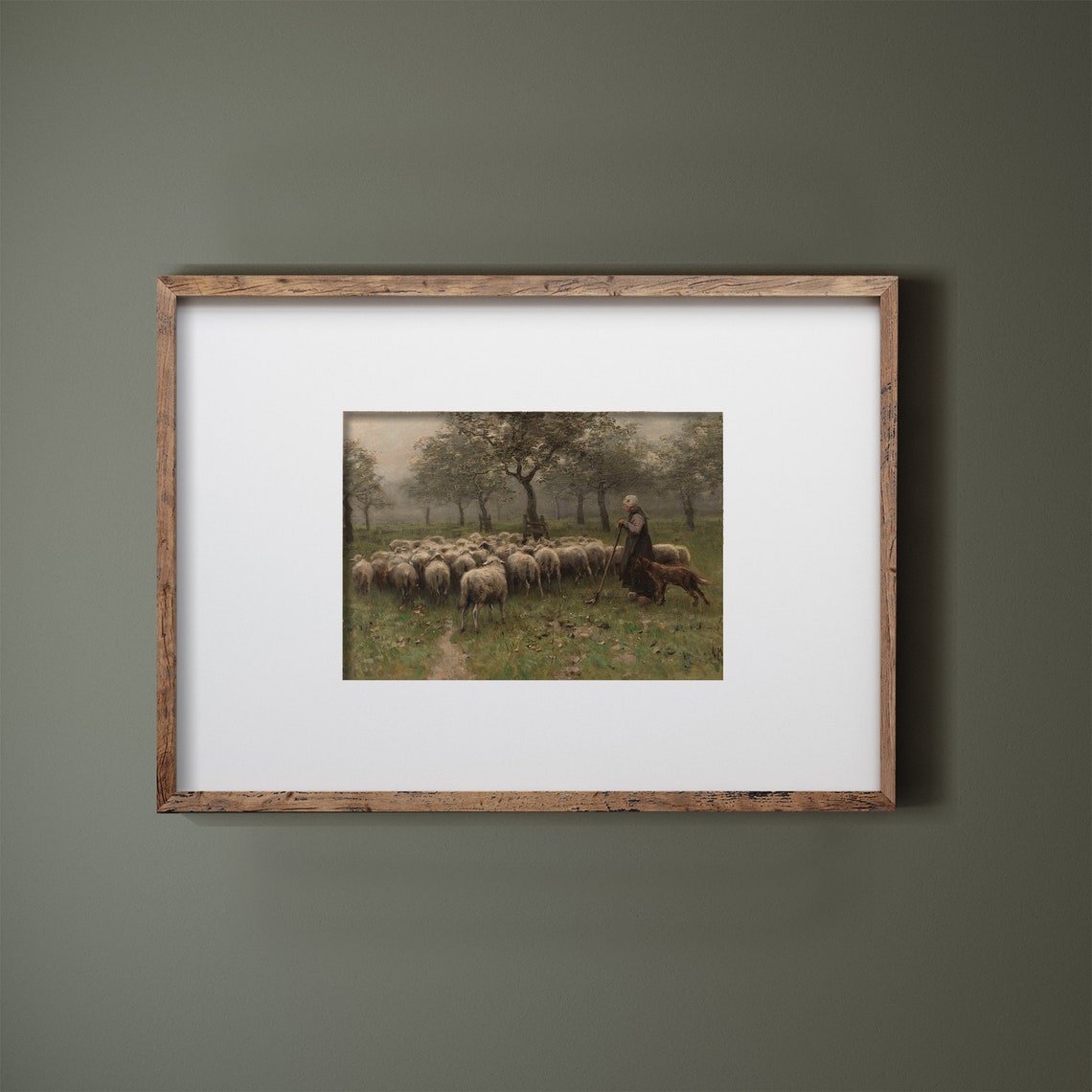 Shepherdess with Sheep Flock and Dog Pastoral Oil Painting Print - Image 2