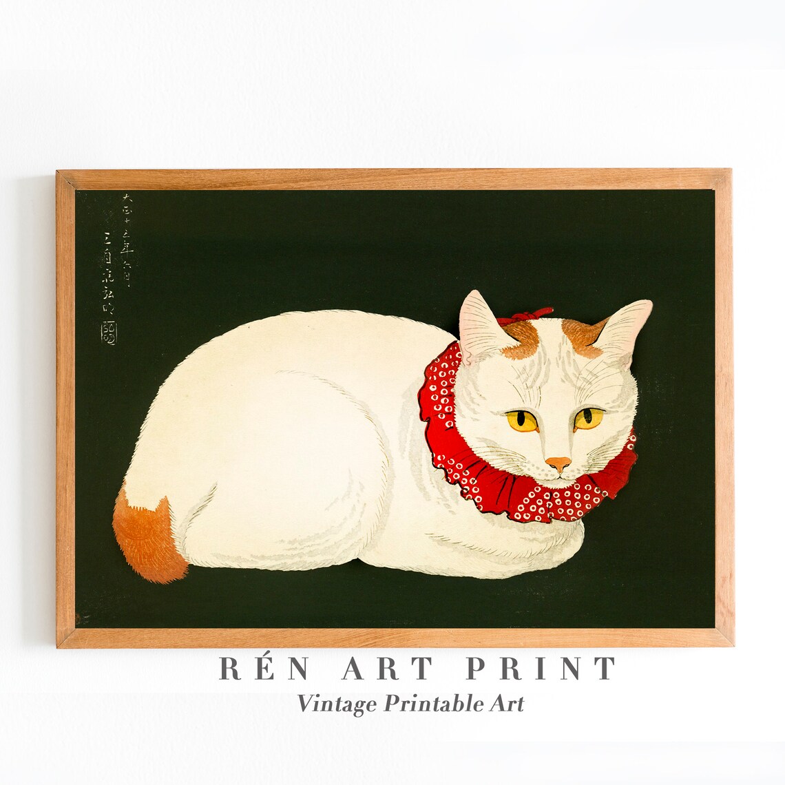 White Cat with Red Scarf Vintage Japanese Woodblock Cat Art Poster