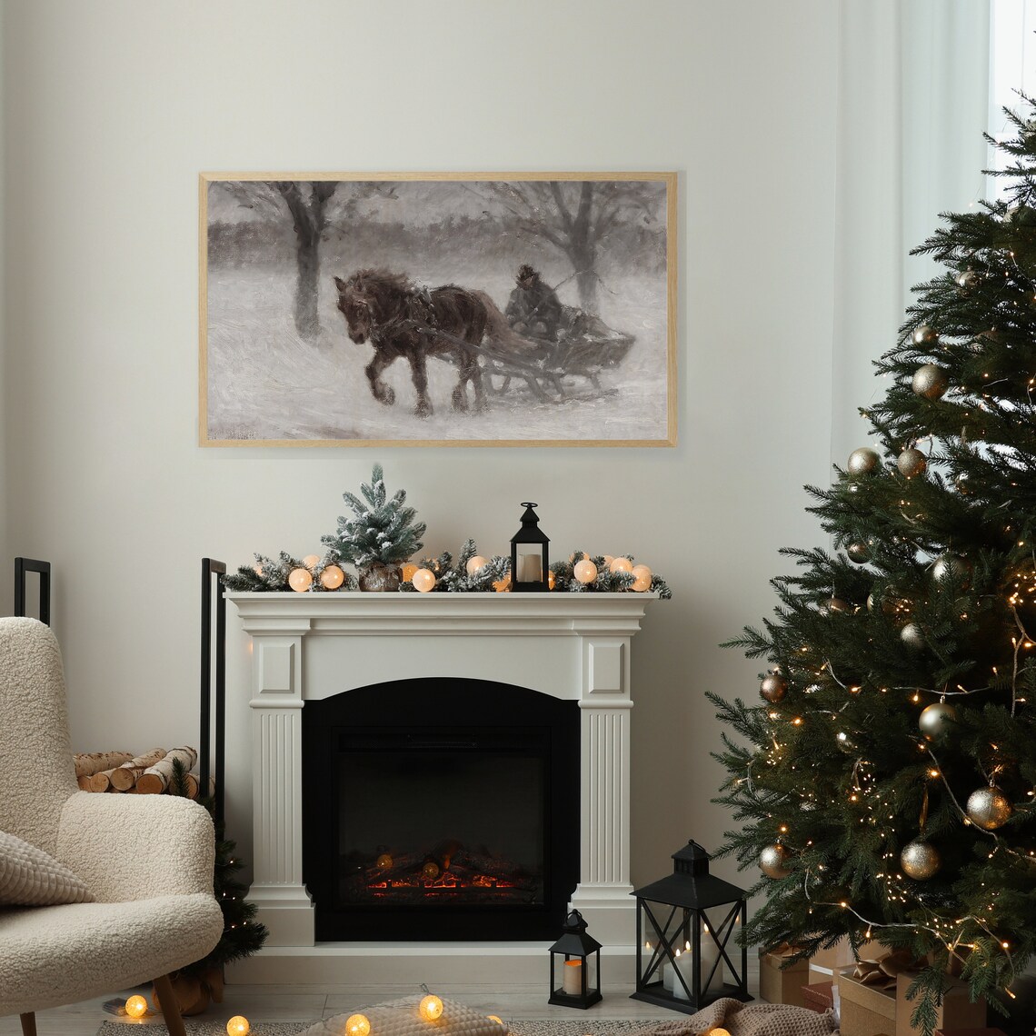 Horse Drawn Sleigh in Snowstorm Vintage Winter Frame TV Art Poster - Image 2