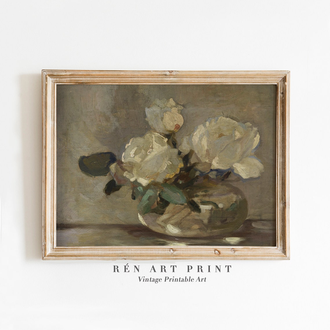 White Roses in Glass Vase Vintage Floral Still Life Art Print