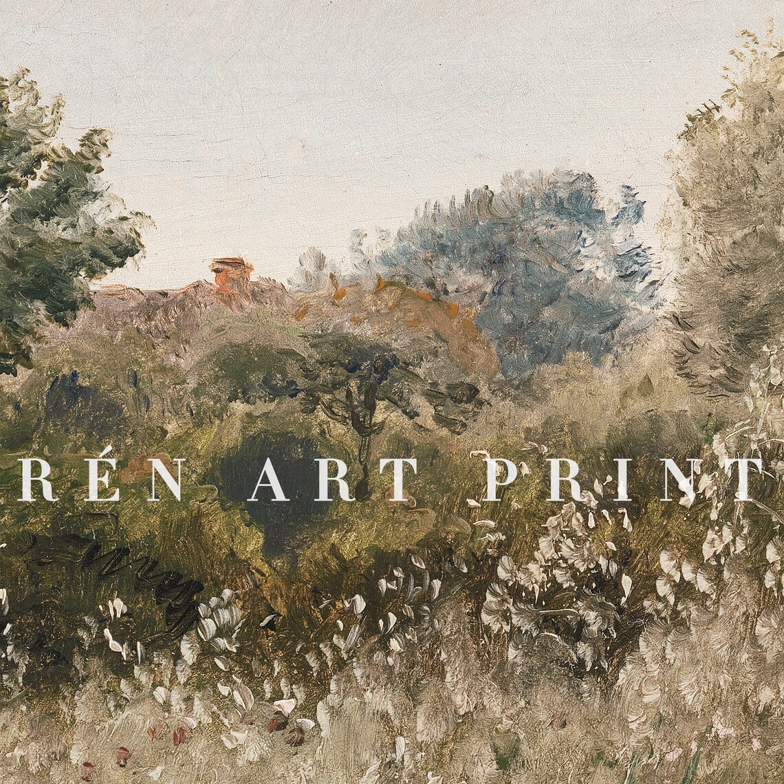 Muted Wildflower Meadow Grassland Vintage Landscape Oil Painting Print - Image 3