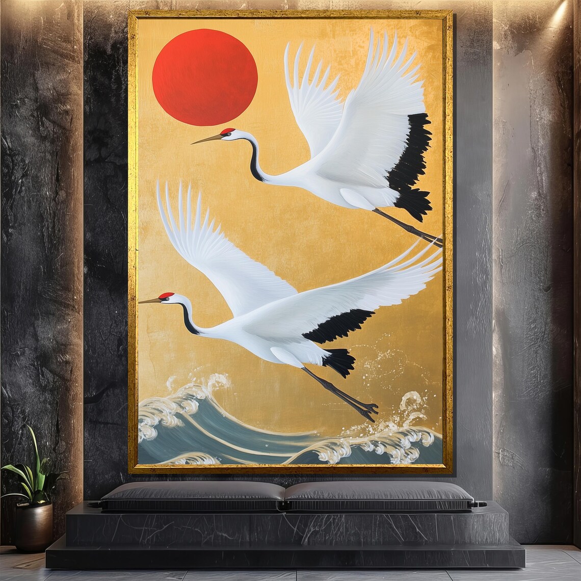 Japanese Cranes Painting, Elegant Asian Style