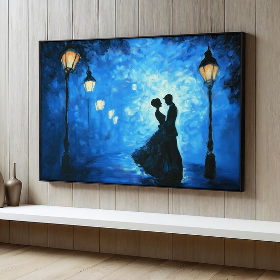 Romantic Couple Painting, Lovers Silhouette Night Scene