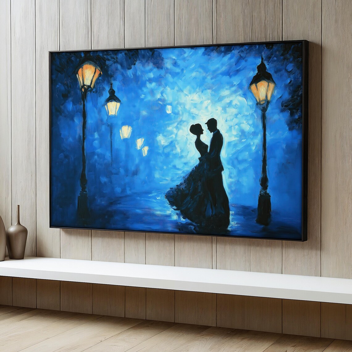 Romantic Couple Painting, Lovers Silhouette Night Scene