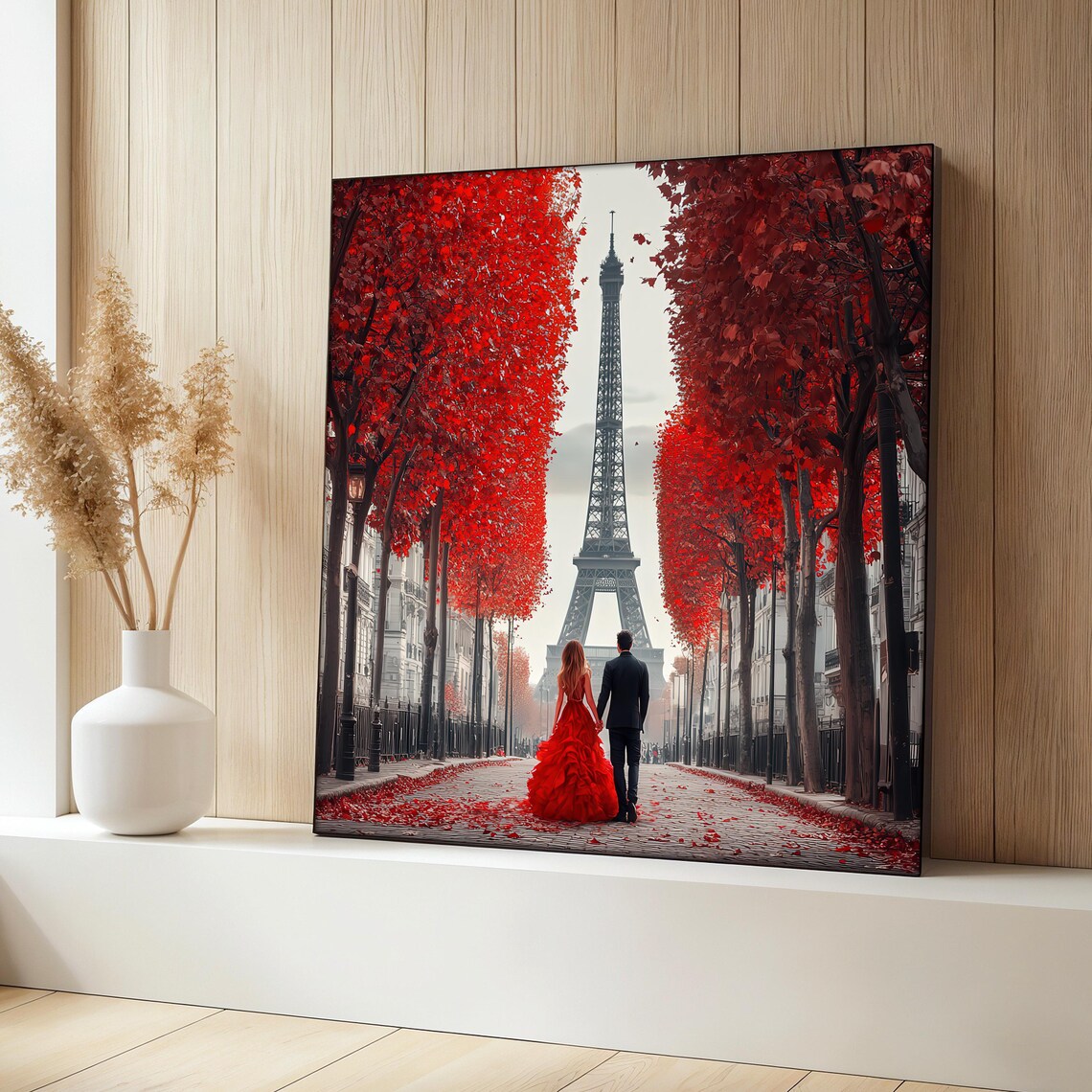 Paris Eiffel Tower Couple Painting, Romantic Scene