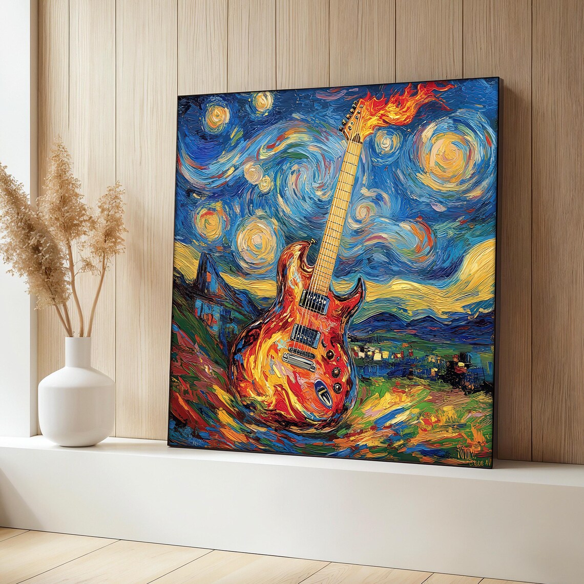 Electric Guitar Painting, Van Gogh-Inspired Artwork