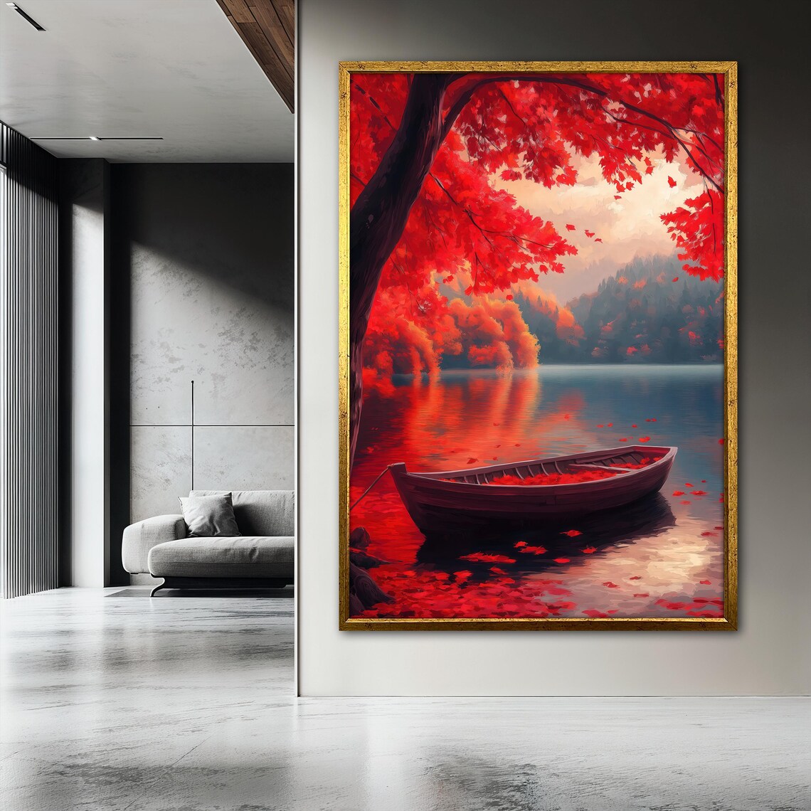 Red Autumn Lake Boat Painting, Serene Fall Landscape - Image 3