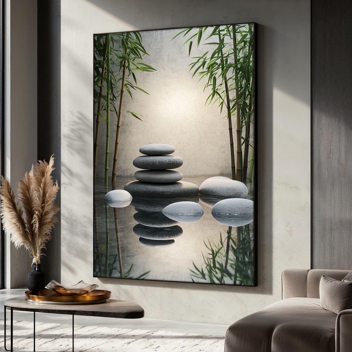 Zen Stone Painting With Bamboo Reflection
