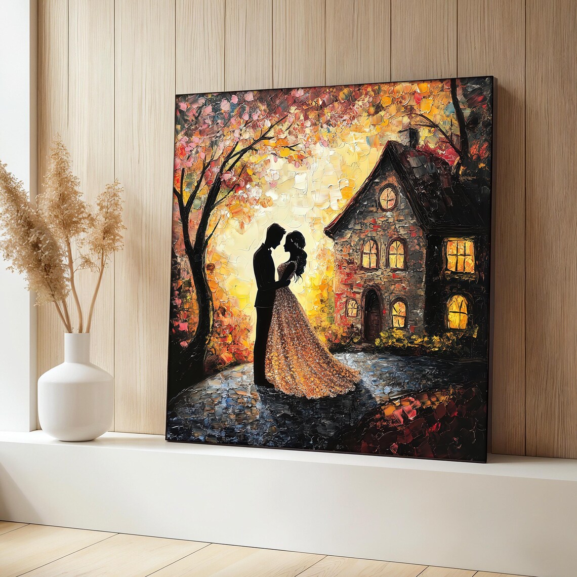 Romantic Wedding Couple Painting, Autumn Night Silhouette