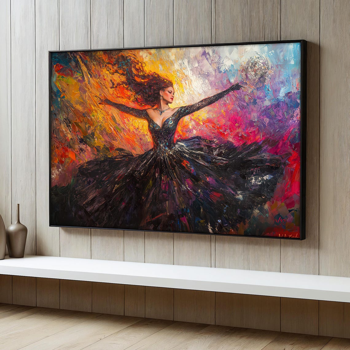 Colorful Elegant Woman Painting Black Dress Ballerina Wall Art For Living Room Ballerina Art Decor Modern Dance Artwork Gift Idea