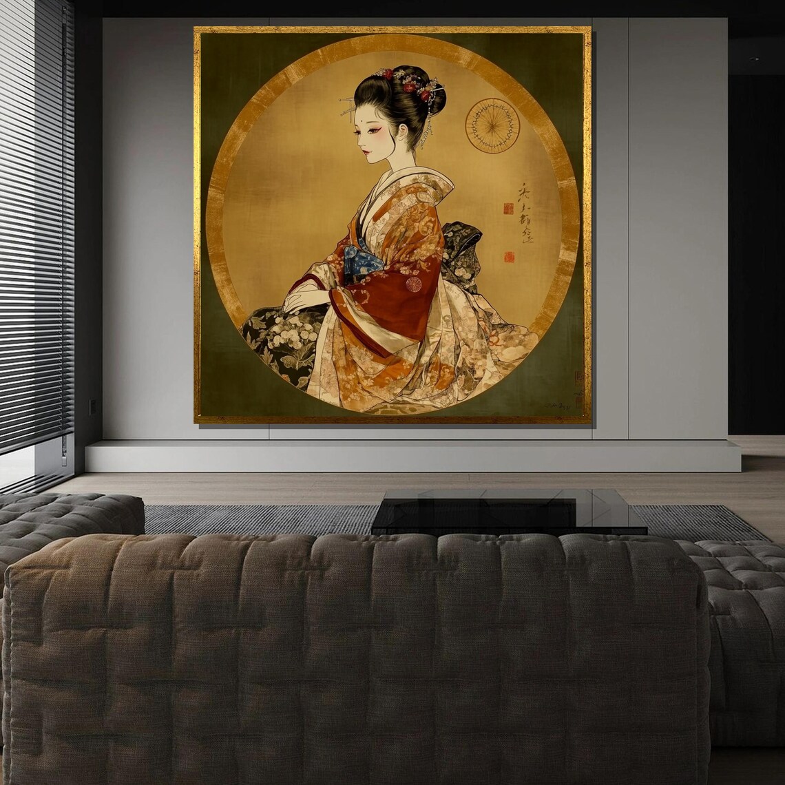 Elegant Japanese Geisha Painting, Traditional Kimono Portrait - Image 3