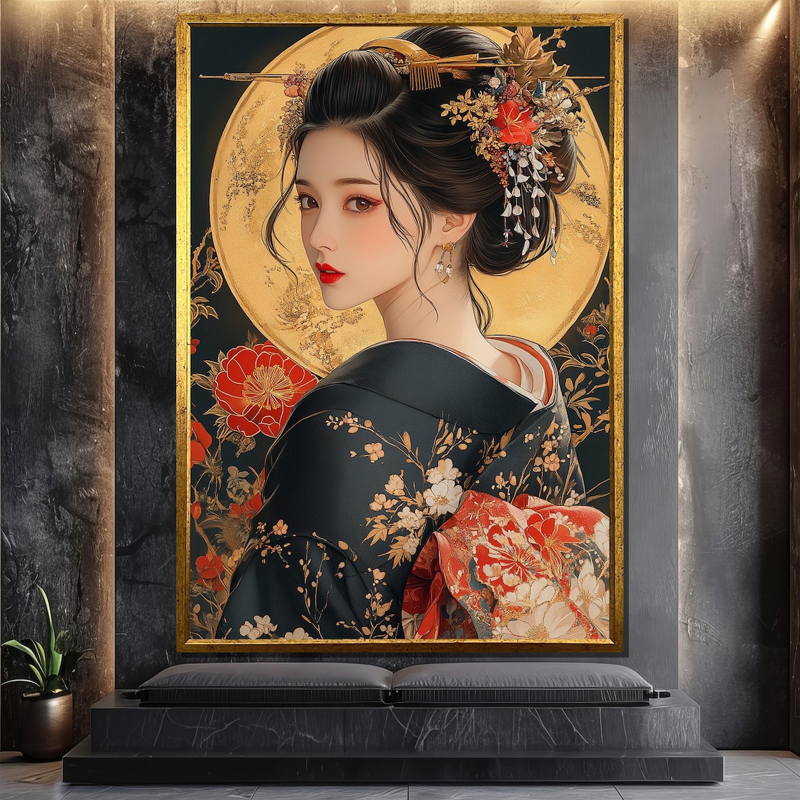 Japanese Woman In Black Kimono, Elegant Portrait Art Print