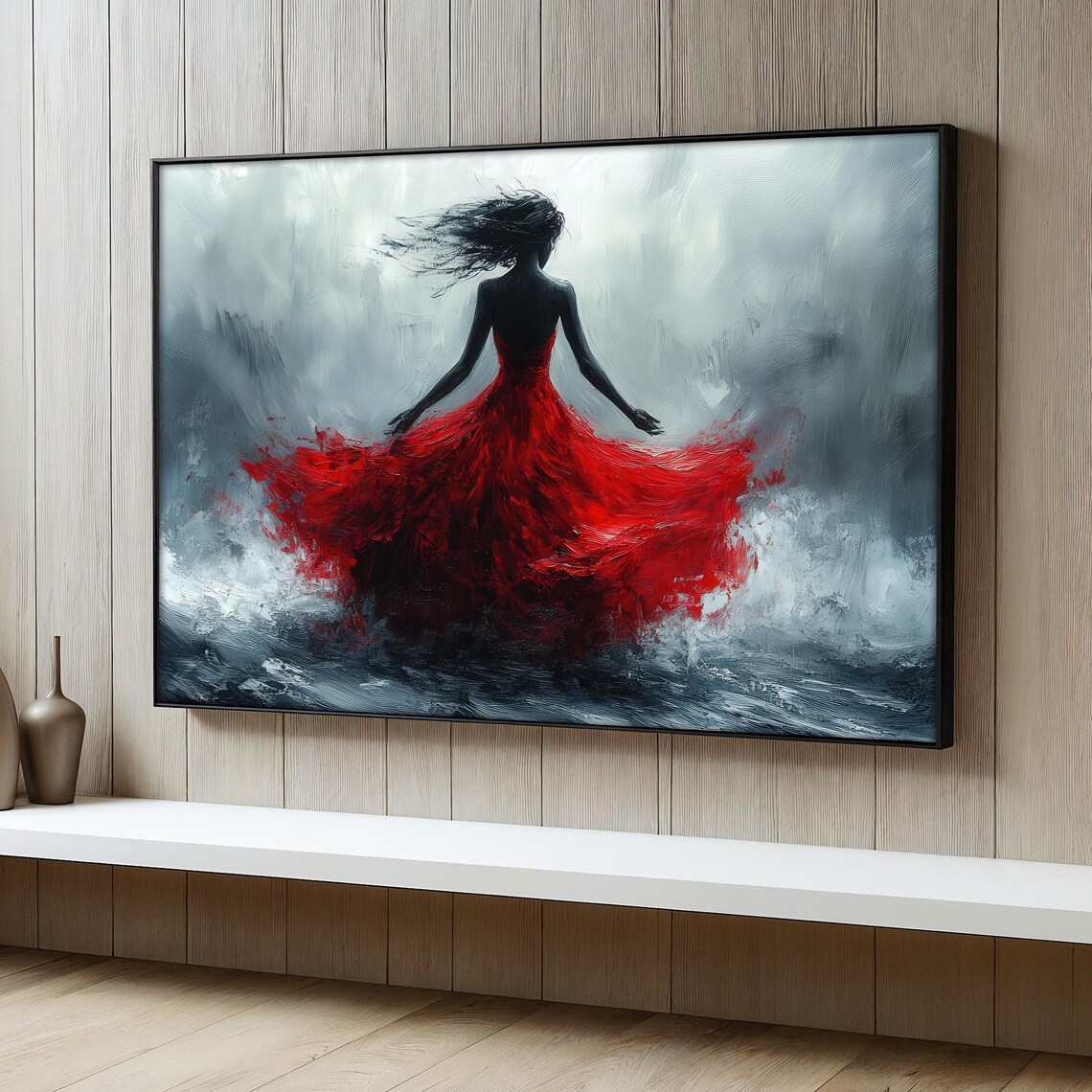 Red Dress Woman Painting, Elegant Modern Artwork