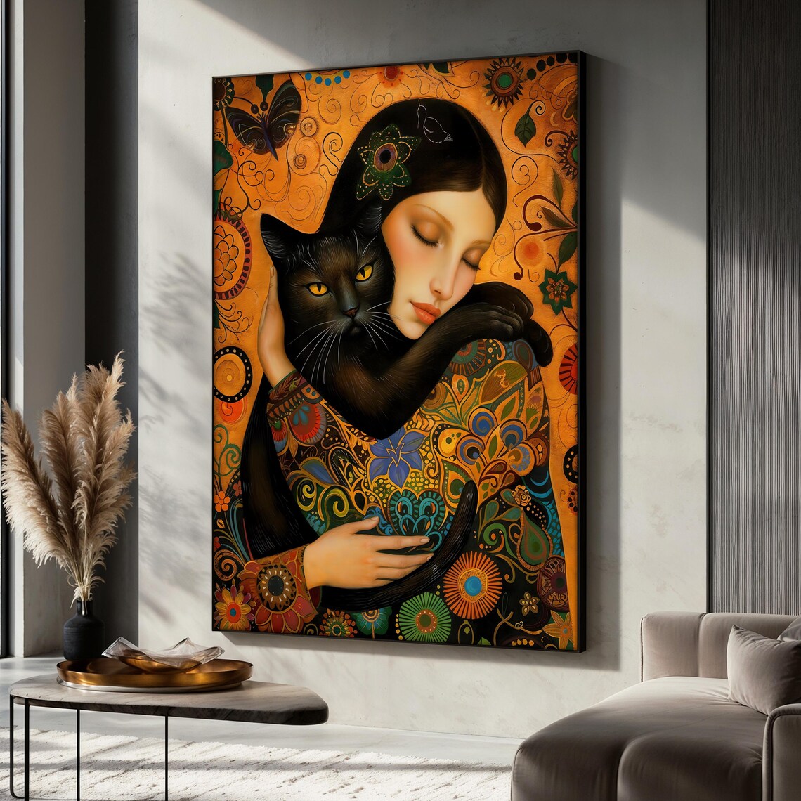 Woman With Black Cat Painting, Bohemian Style