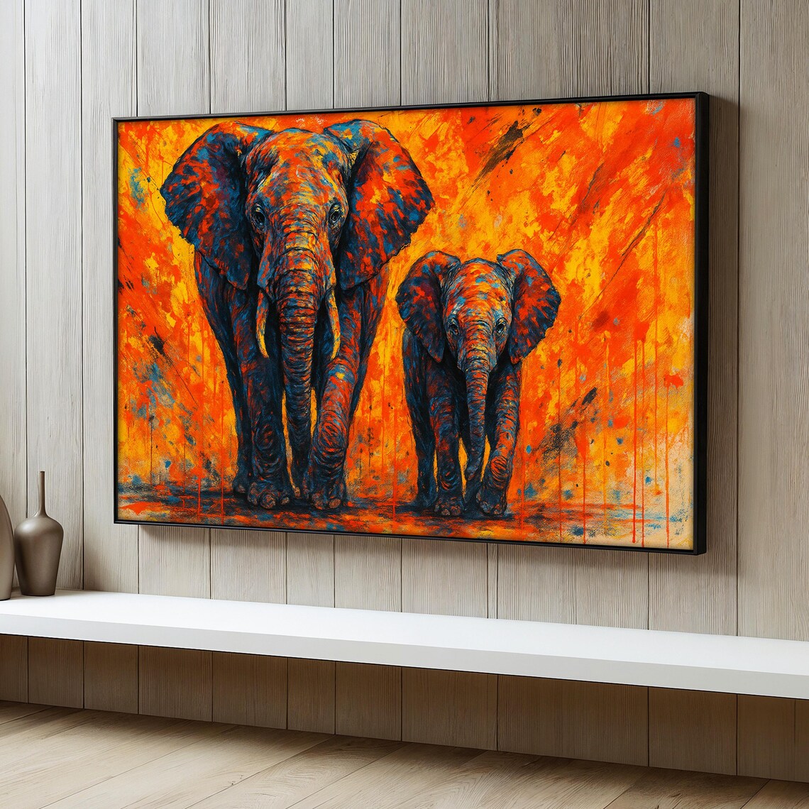 Elephant Family Art Print, Abstract Animal Decor