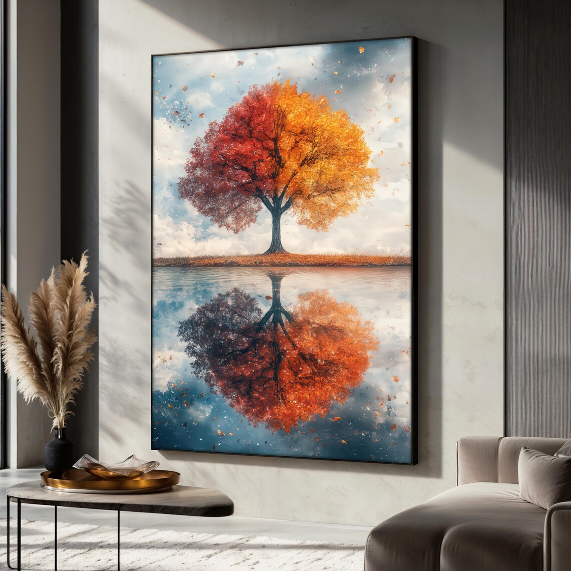 Autumn Tree Reflection Painting, Fall Landscape Art Print