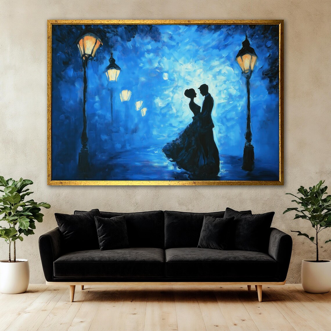 Romantic Couple Painting, Lovers Silhouette Night Scene - Image 3
