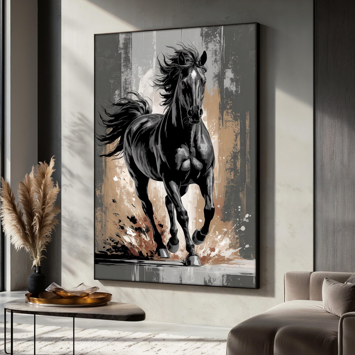 Black Horse Painting, Powerful Running Stallion