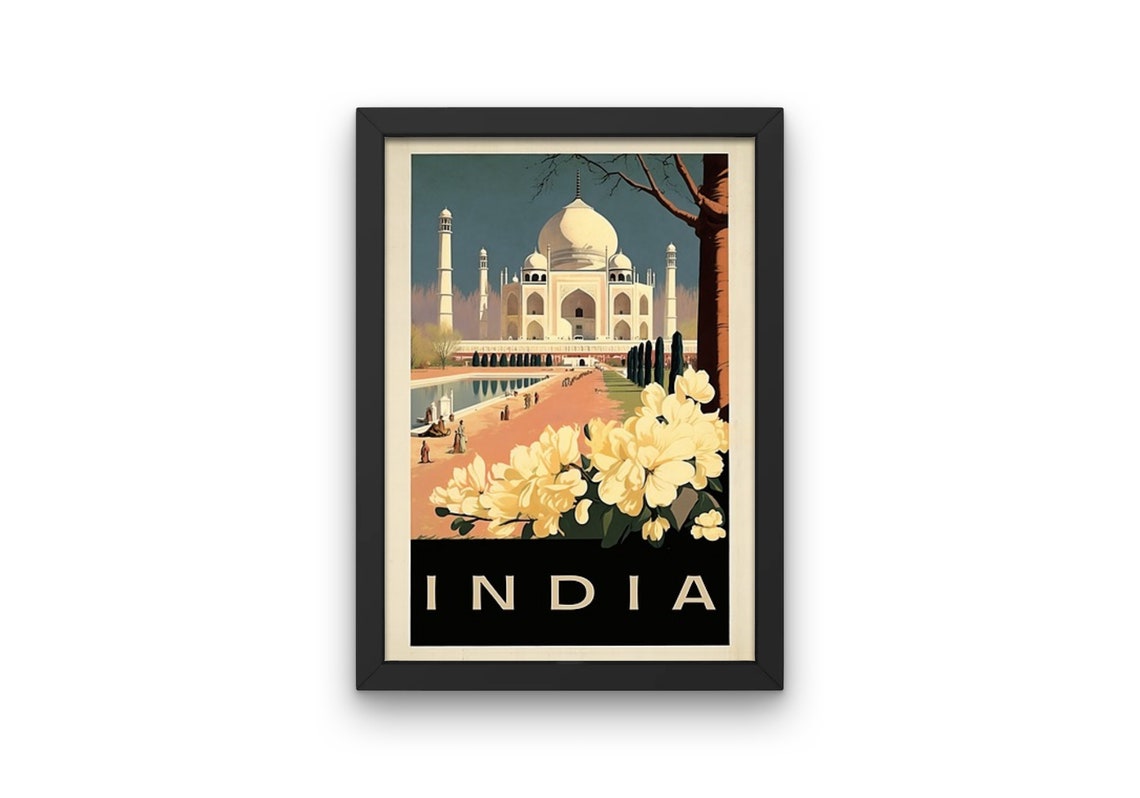 Taj Mahal India Retro Travel Poster White Marble Palace Gardens View