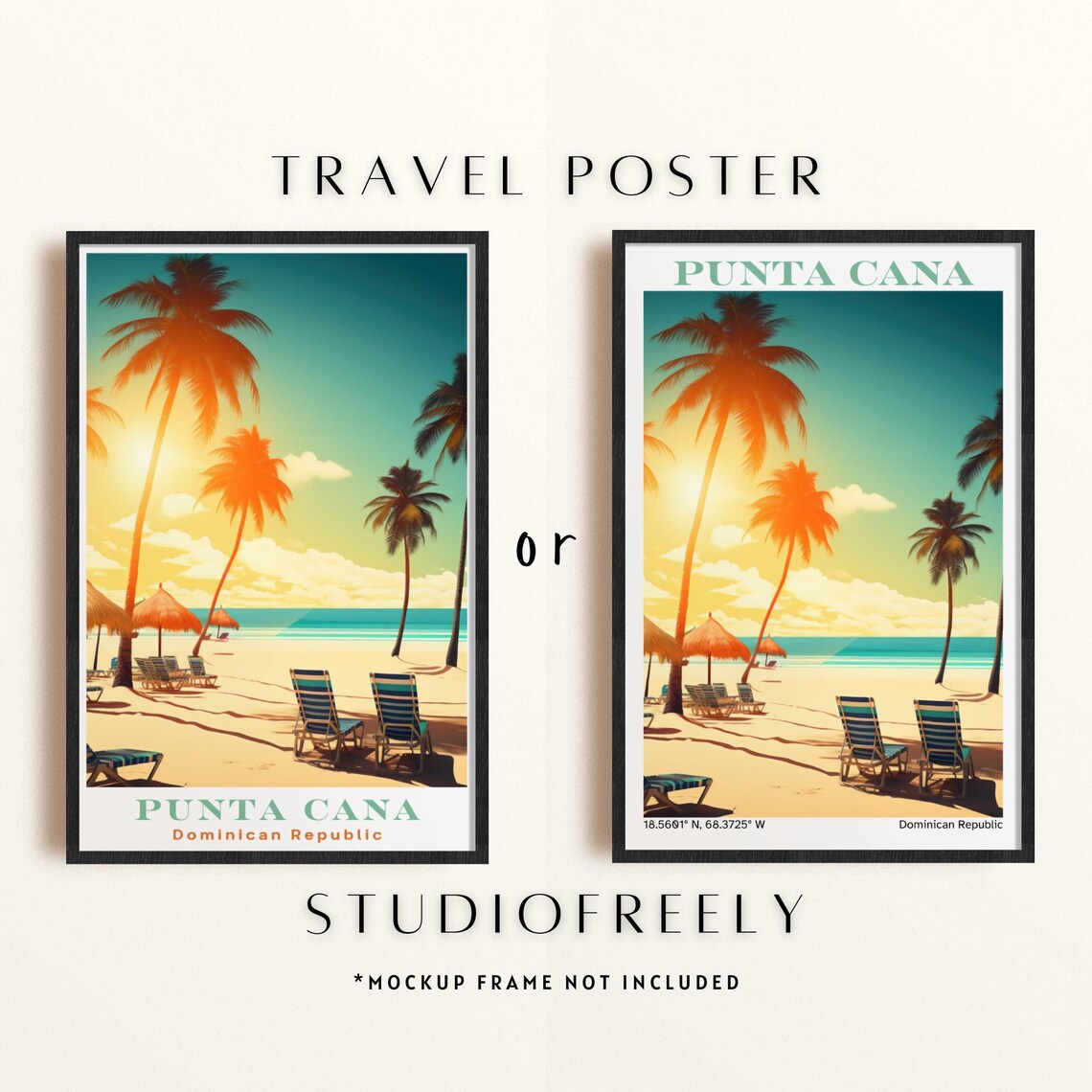 Vintage Punta Cana Travel Poster Golden Beach Sunset Art