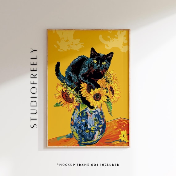 Black Cat Perched On Sunflower Vase Vibrant Pop Art Floral Wall Art