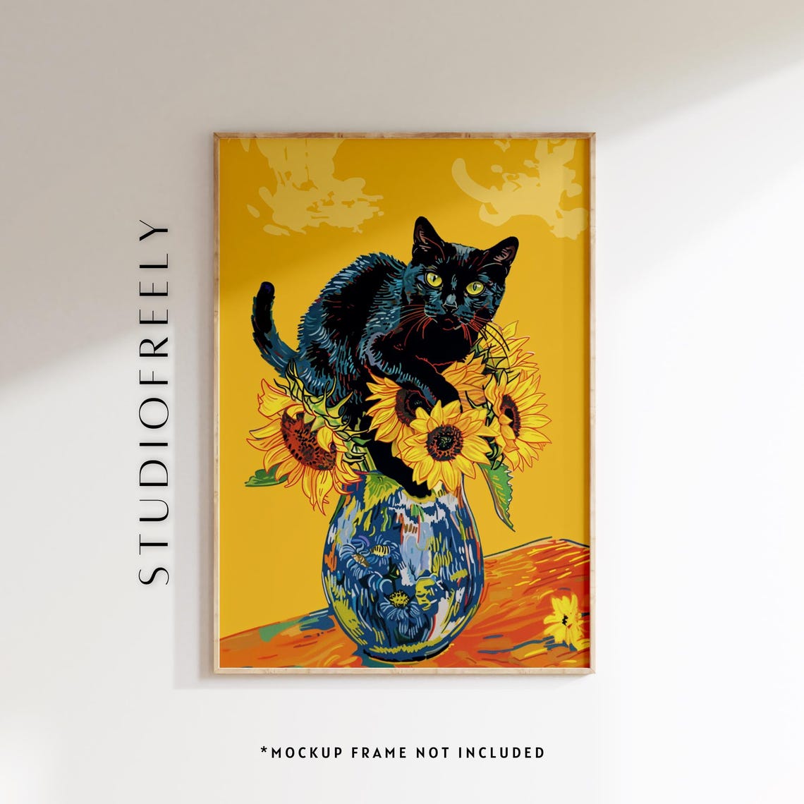 Black Cat Perched On Sunflower Vase Vibrant Pop Art Floral Wall Art