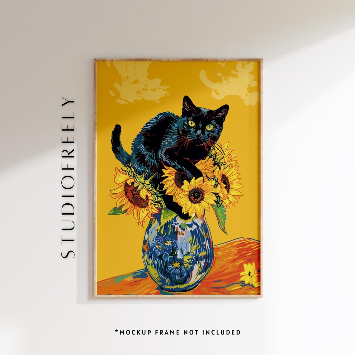 Black Cat Sunflower Vase Art Print Autumn Artwork File