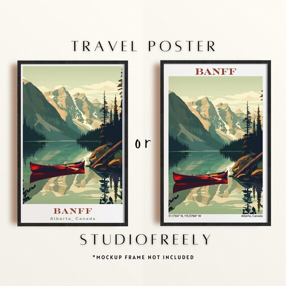 Banff Alberta Red Canoe Mountain Lake Vintage Style Travel Poster