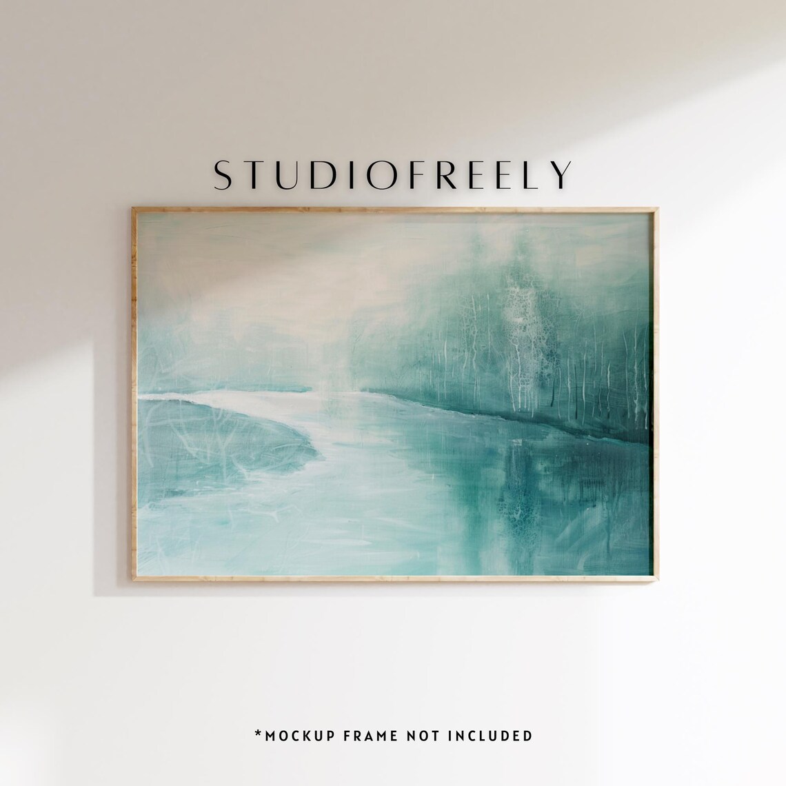 Ice Covered Winter Lake Minimalist Abstract Painting Print Teal Forest Artwork