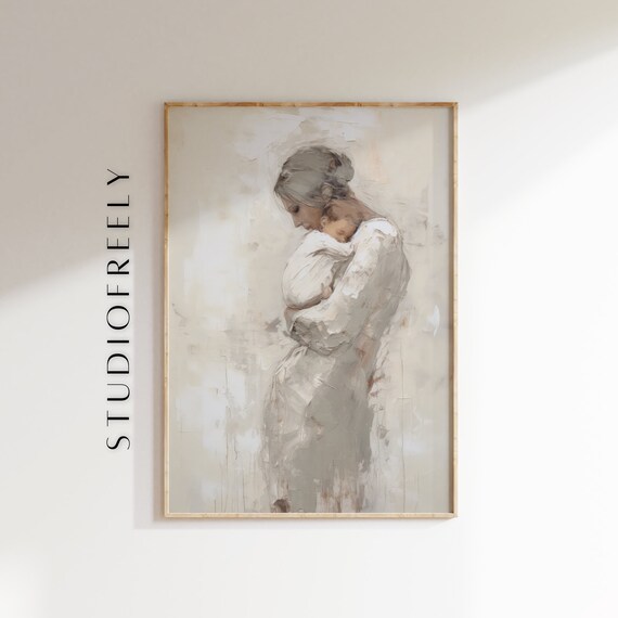 Mother Embracing Baby Soft Neutral Oil Painting Poster for Mom Birthday Gift