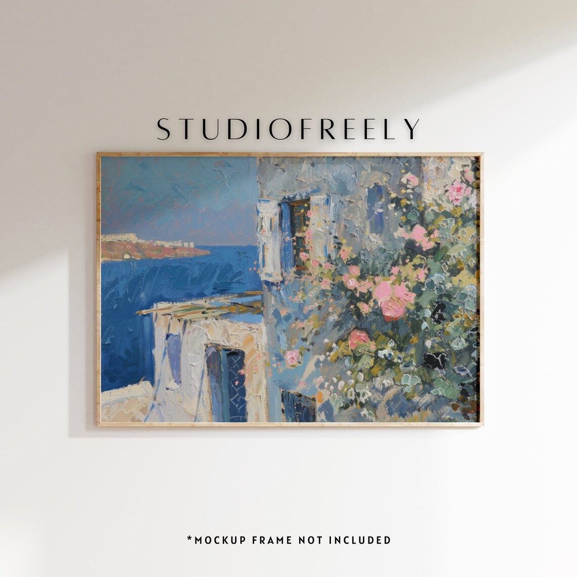 Greek Coastal Terrace with Pink Roses Overlooking Deep Blue Sea Poster