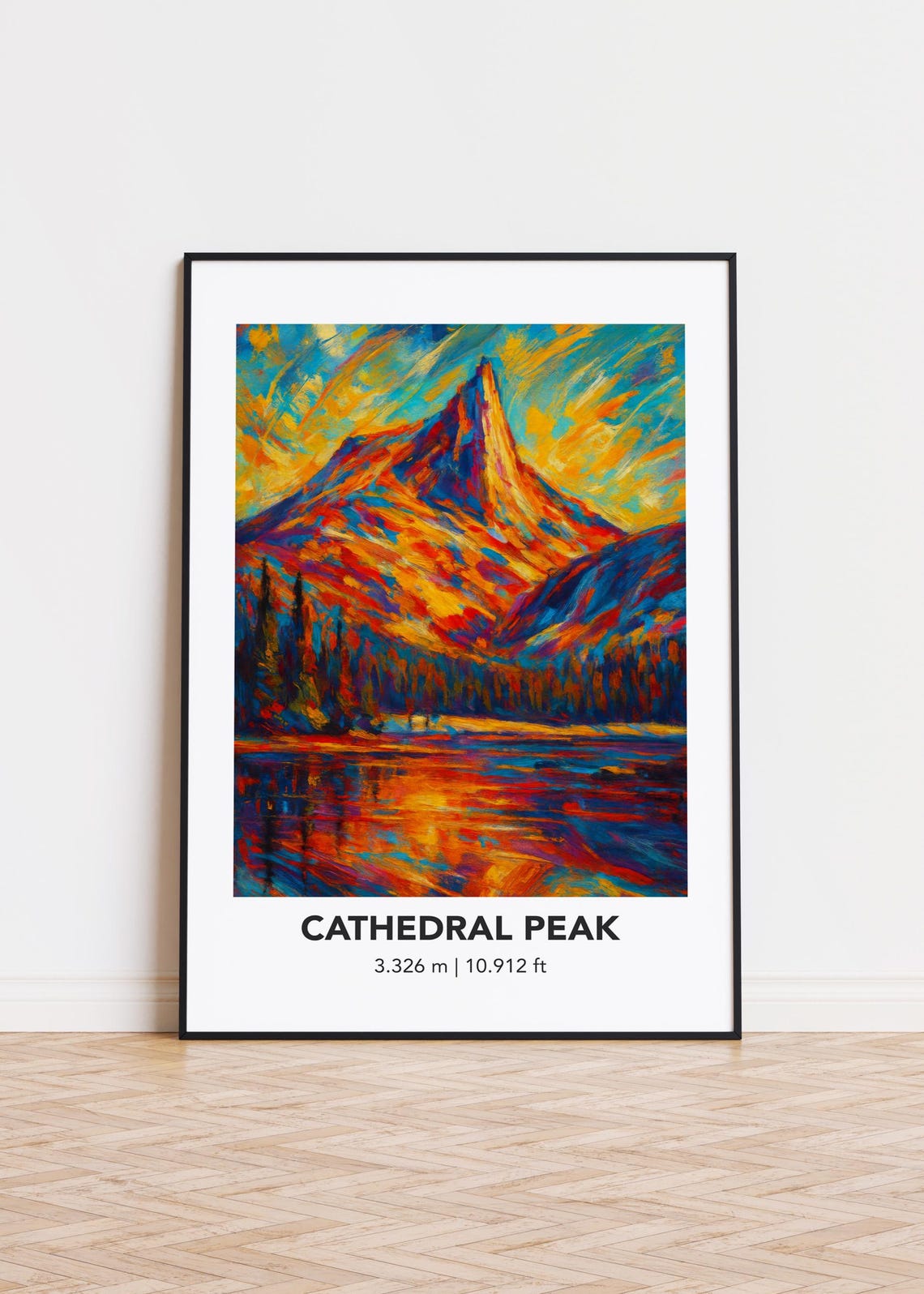 Cathedral Peak Alpine Lake Reflection Colorful Oil Painting Poster