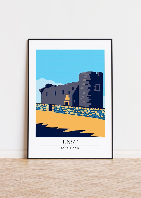 Unst Scotland Stone Castle Modern Travel Illustration Poster