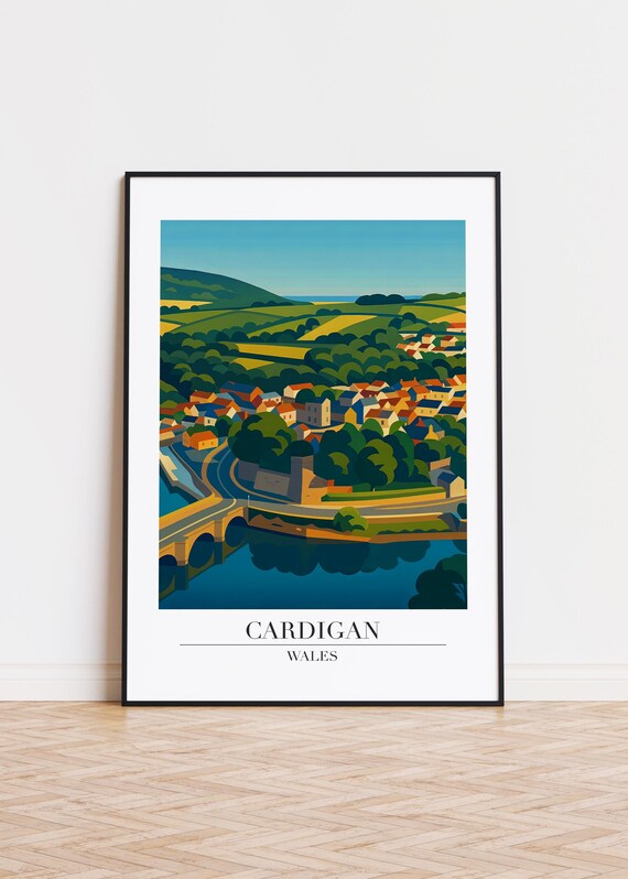 Cardigan Wales River Bridge Poster Historic Town Hillside Travel Art