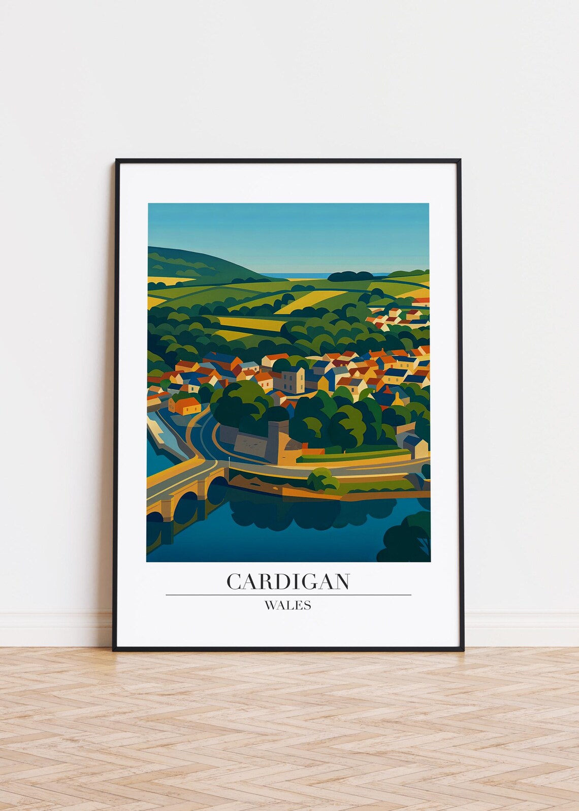Cardigan Wales River Bridge Poster Historic Town Hillside Travel Art