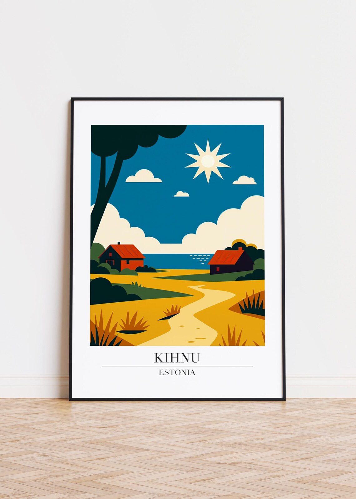 Kihnu Estonia Island Sunny Meadow Path Red Houses Travel Poster