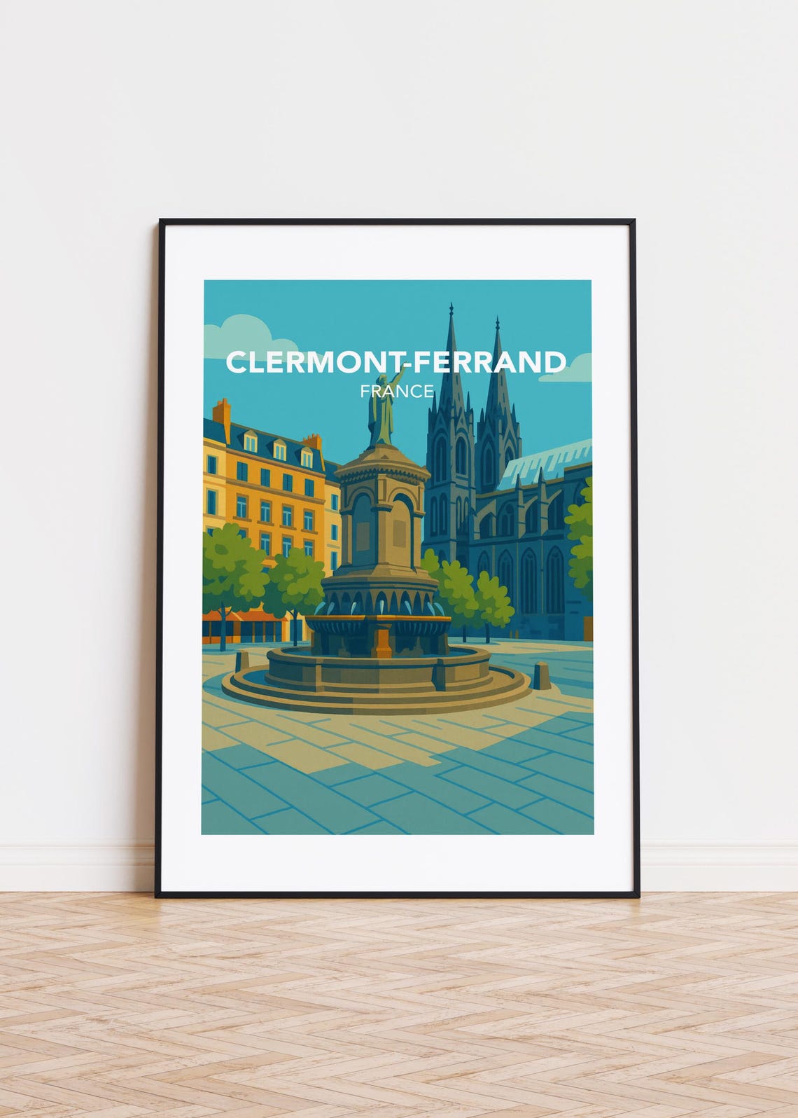Clermont Ferrand France Fountain Cathedral Square Retro Travel Poster