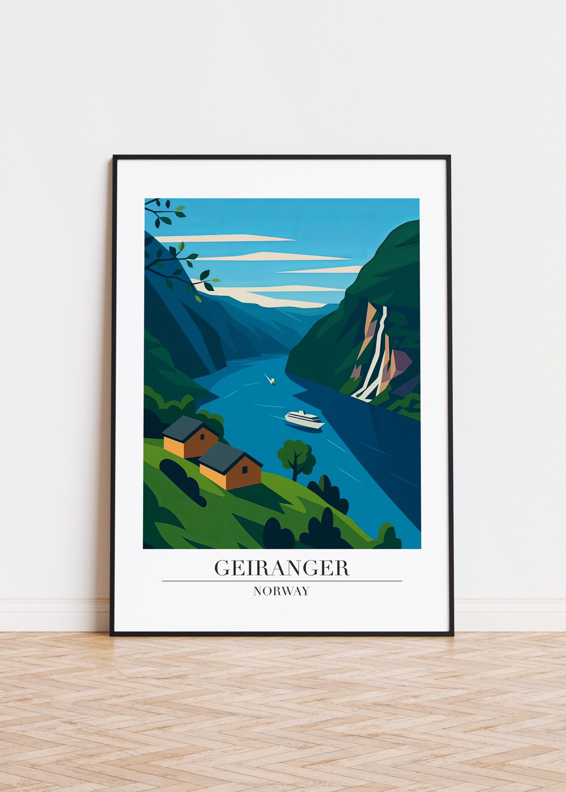 Geiranger Norway Fjord Hillside Cabins Colorful Travel Illustration Poster
