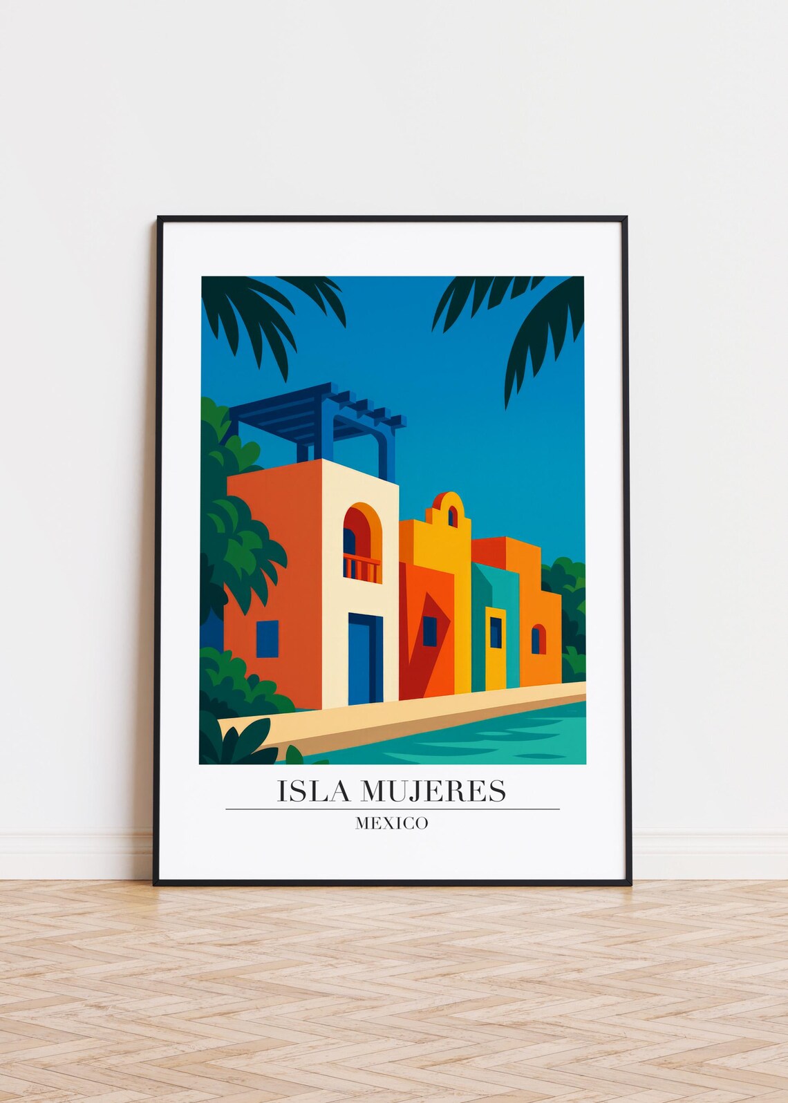 Isla Mujeres Mexico Travel Poster Minimalist Colorful Coastal Buildings Art