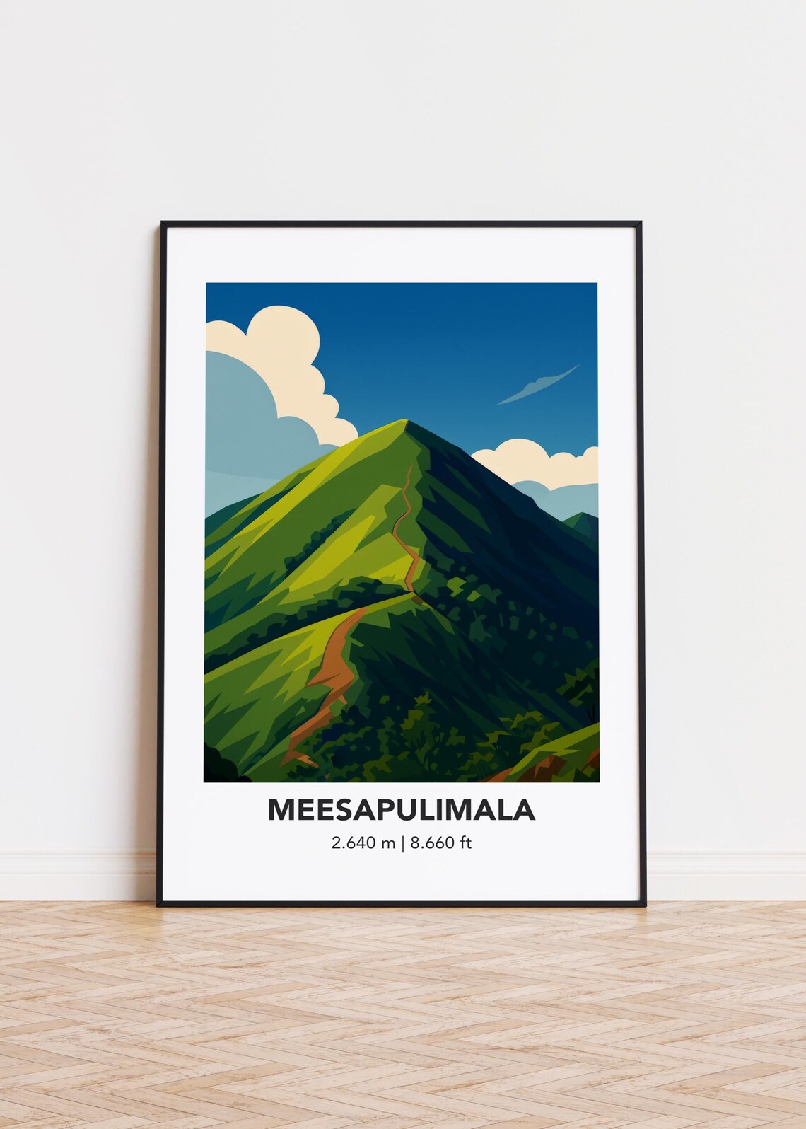 Meesapulimala Mountain Trail Minimalist Travel Poster Green Peak Art