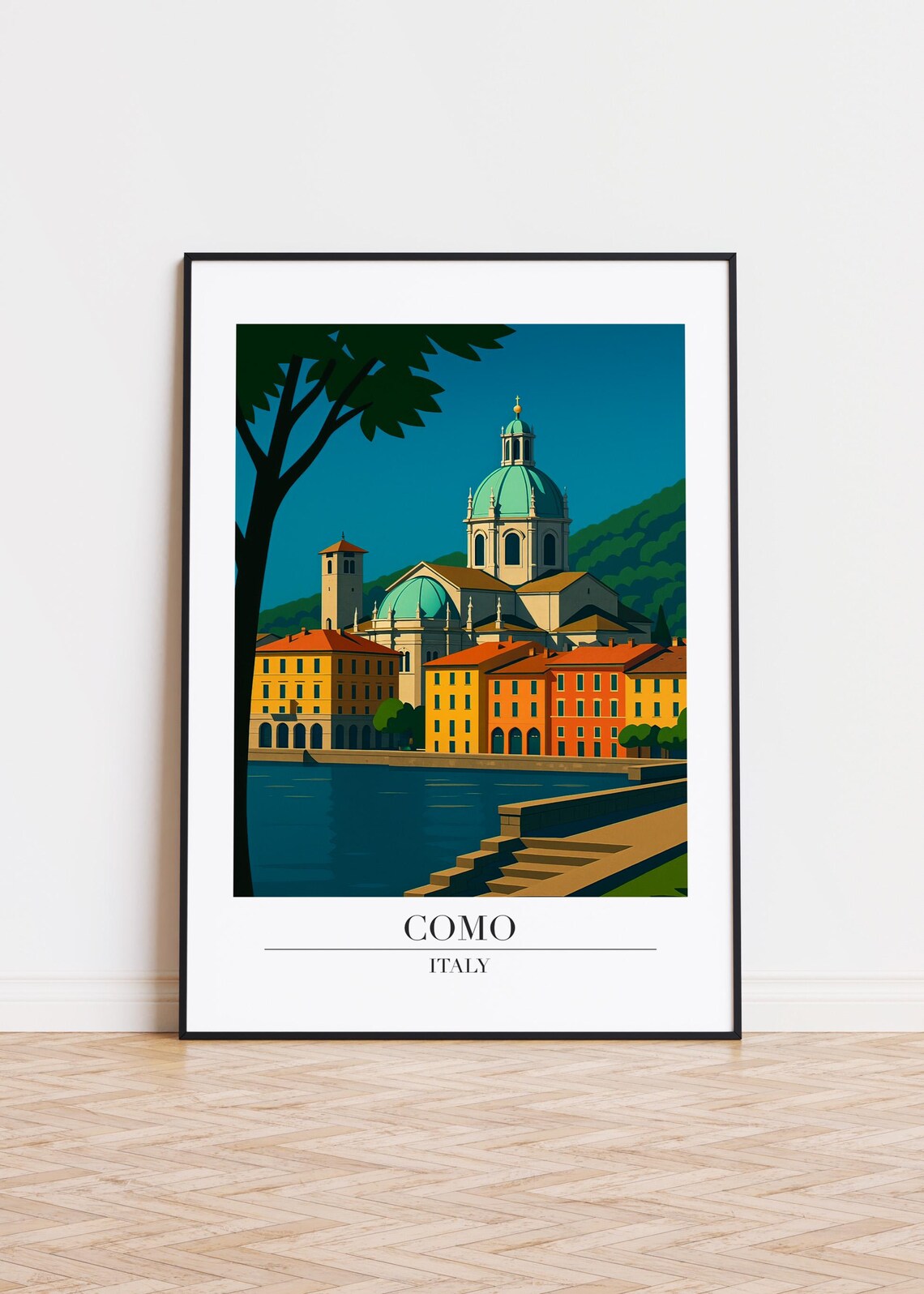 Como Italy Cathedral Dome Waterfront Vintage Style Travel Poster