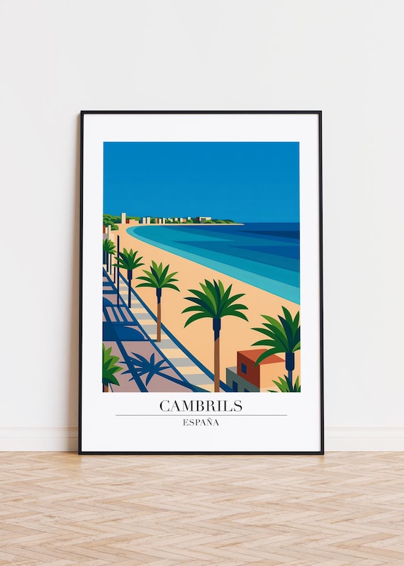 Cambrils Spain Beach Promenade Palm Trees Modern Travel Poster Artwork