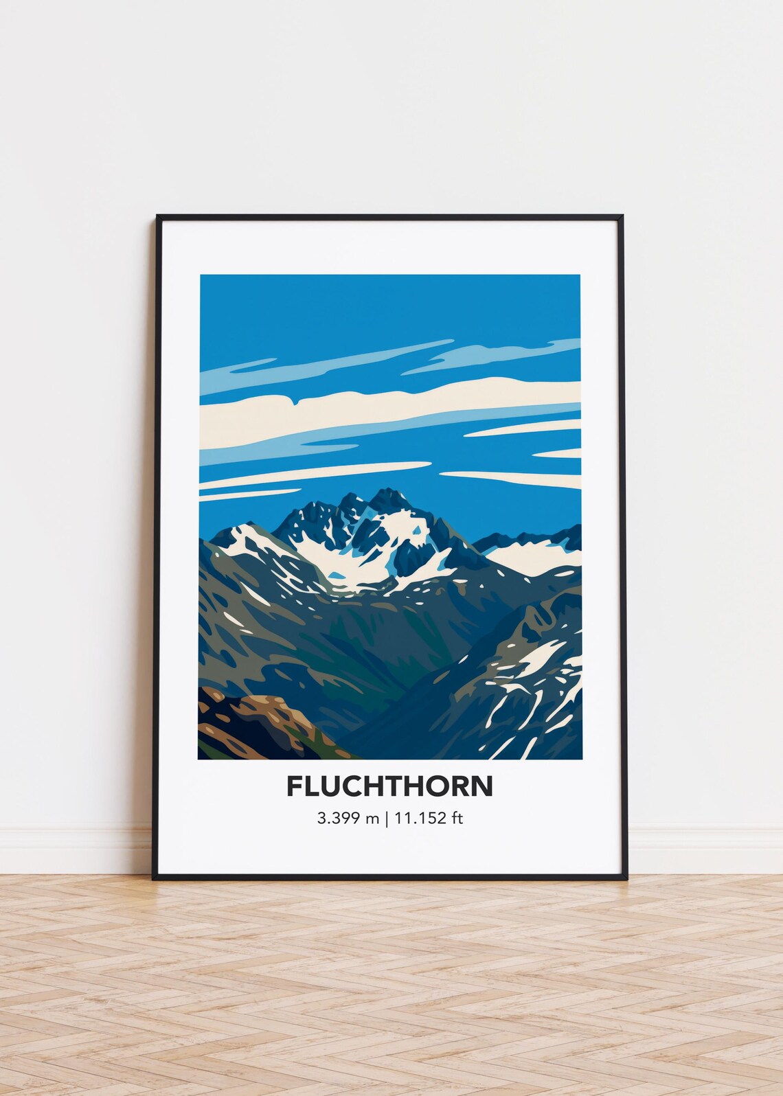 Fluchthorn Mountain Snowy Peak Blue Sky Travel Illustration Poster