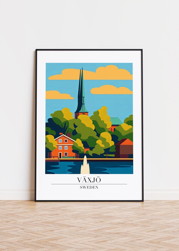 Växjö Sweden Lakefront Cathedral Colorful Travel Illustration Poster