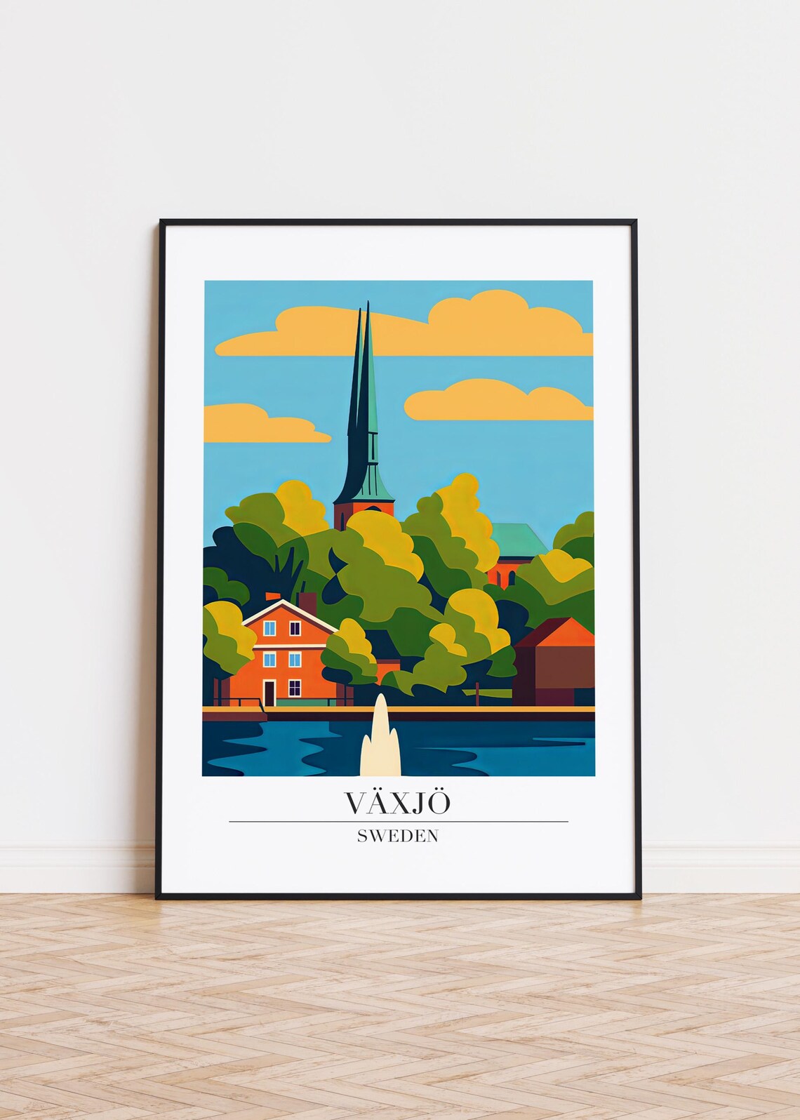 Växjö Sweden Lakefront Cathedral Colorful Travel Illustration Poster