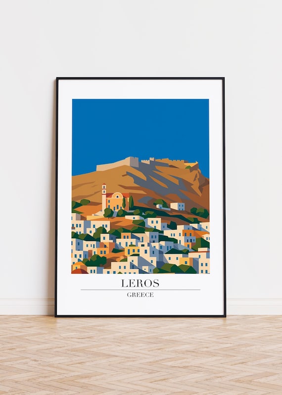 Leros Greece Hilltop Castle Whitewashed Village Travel Poster