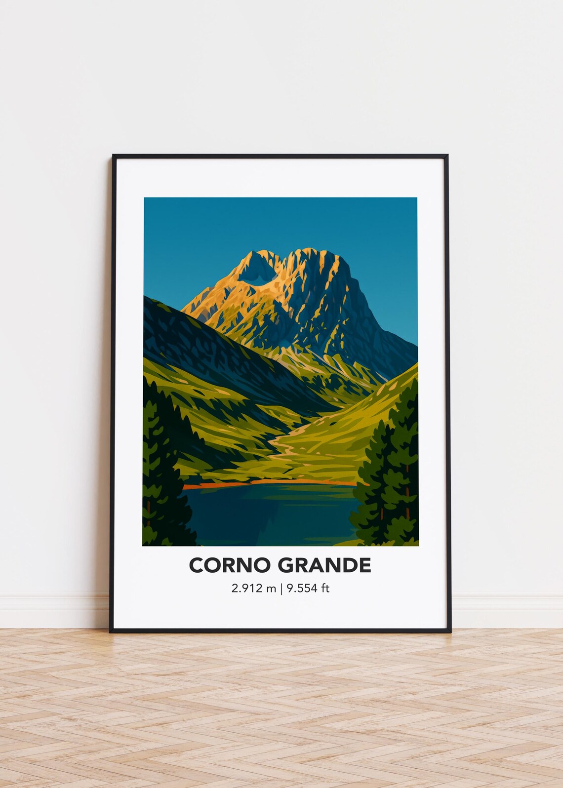 Corno Grande Alpine Summit Lake Minimalist Travel Art Poster