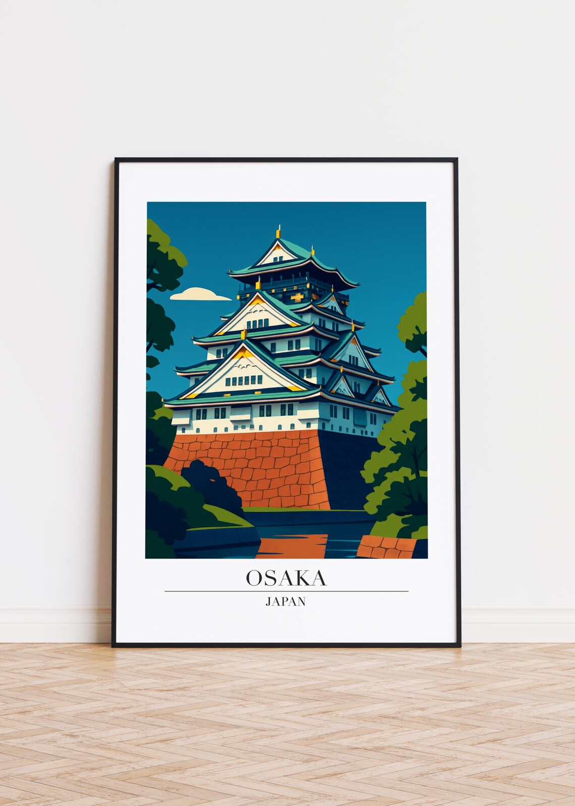 Osaka Japan Castle Bold Flat Illustration Japanese Travel Poster